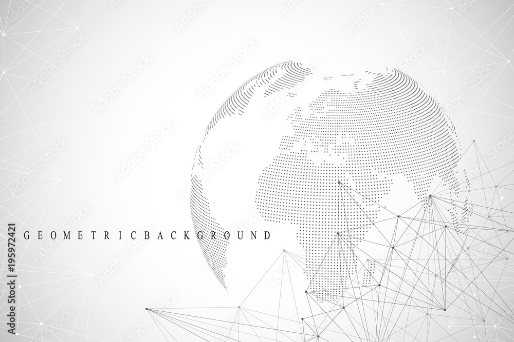 Leinwandbilder Big data visualization with a world globe. Abstract vector background with dynamic waves. Global network connection. Technological sense abstract illustration.