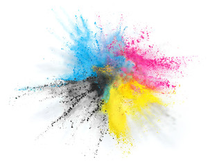 CMYK Farbe Pulver Explosion von Cyan Magenta Gelb Schwarzem Toner oder Tinte für Drucker - obrazy, fototapety, plakaty