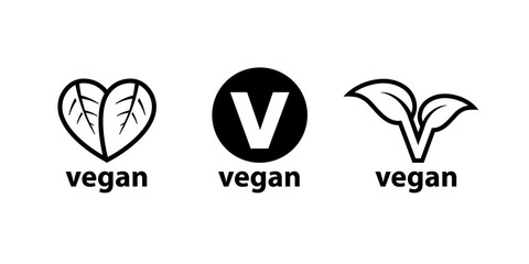 Plant based vegan diet symbols set of 3 label icons. Vector illustration.