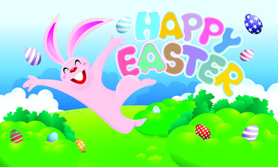 Fototapeta na wymiar Easter day vector with a cute rabbit and easter eggs. With spring scenery background.