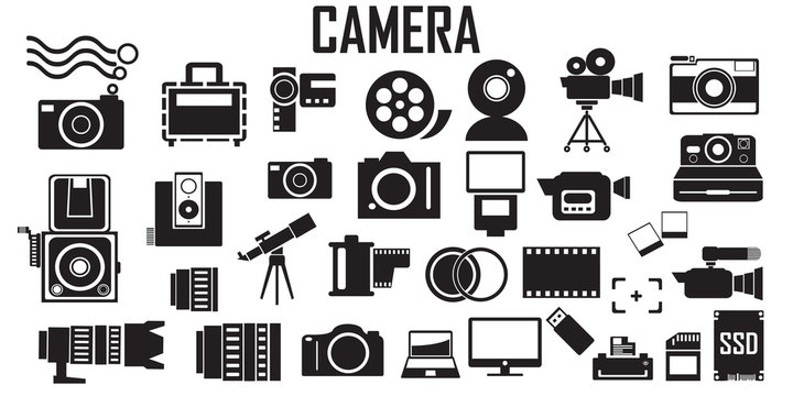 camera ,photo, photography, digital, lens, film illustration flat icons. mono vector symbol