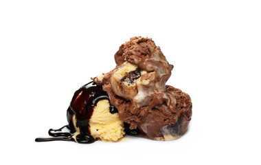 Ice cream balls with chocolate topping isolated on white background