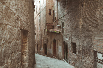 Fototapeta na wymiar Steep street in historical quarter of Siena