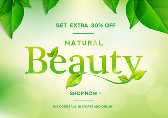 Natural Beauty word on natural green background.Spa ,wellness, salon,.Vector illustration EPS10