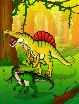 Spinosaur on the background of forest.