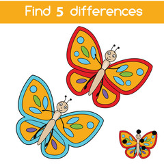 Find the differences educational children game. Kids activity sheet with butterfly