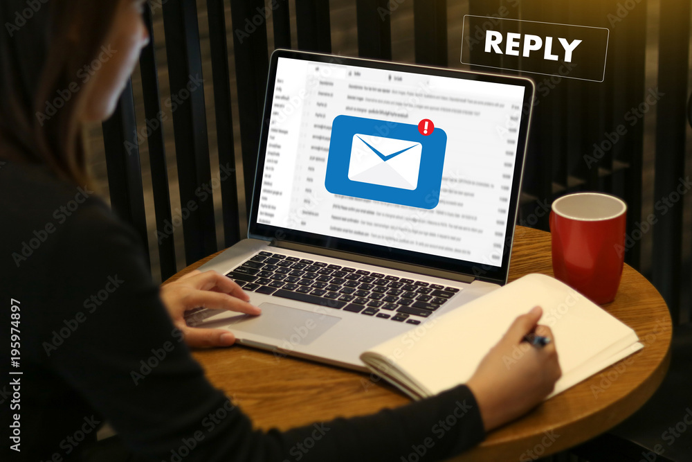 Poster reply the message email on computer businessman is working to important reminder