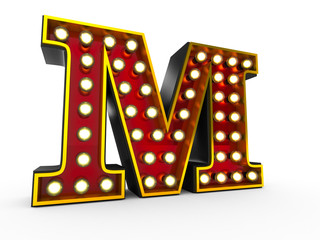 High quality 3D illustration of the letter M in Broadway style with light bulbs illuminating it over white background