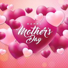 Happy Mothers Day Greeting card with hearth on pink background. Vector Celebration Illustration template with typographic design for banner, flyer, invitation, brochure, poster.