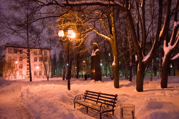 Naklejka premium Deep snow in the town park with benches, trees and street lights. Winter night photo park with snowdrifts 