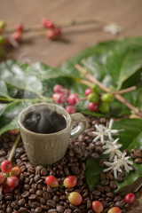 Cup of hot espresso and roasted coffee beans, raw coffee beans and white coffee flowers on wooden table