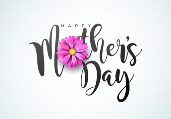 Happy Mothers Day Greeting card illustration with flower and typographic design on white background. Vector Celebration Illustration template for banner, flyer, invitation, brochure, poster.