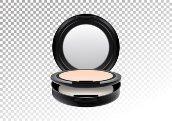 Cosmetic realistic plastic black compact mineral powder. Cosmetic beauty make up product package template,vector illustration.Realistic mockup of plastic container isolated on transparent background.