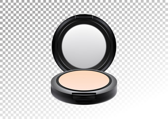 Cosmetic realistic plastic black compact mineral powder. Cosmetic beauty make up product package template,vector illustration.Realistic mockup of plastic container isolated on transparent background.