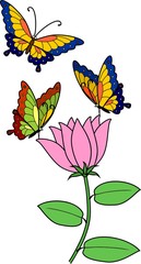 Multicolored butterflies on pink flower with green leaves on white background