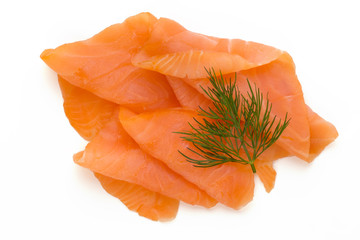 Fresh salmon slice and spice on the white background.