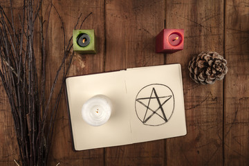 Overhead photo of open grimoire, candles, and a broom