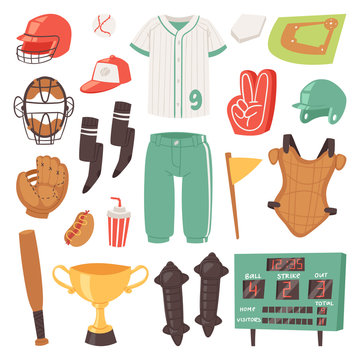 Baseball vector catchers sportswear and batters baseballbat or ball for competition on field illustration set of sportsman clothes with catchers glove in isolated on white background