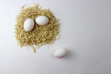 Chicken eggs in a nest of sawdust on a white background