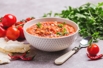Indian Tomato Rasam with lentil, mint, cilantro and cashew