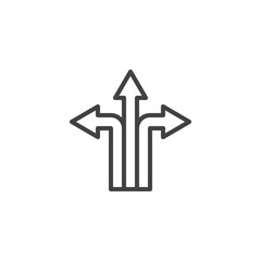 Three way direction arrows outline icon. linear style sign for mobile concept and web design. Road Direction simple line vector icon. Symbol, logo illustration. Pixel perfect vector graphics