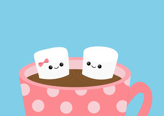 Marshmallows with eyes and smiles. Taking bath. Mug Cup with coffee cocoa drink. Happy Valentines Day. Funny face. Cute cartoon character. Love. Flat design. Marshmallow couple set. Pink background.
