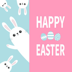 Happy Easter. White bunny rabbit family holding big signboard. Cute cartoon funny animal set hiding behind paper. Lettering text. Painting egg. Flat design. Pastel color background.
