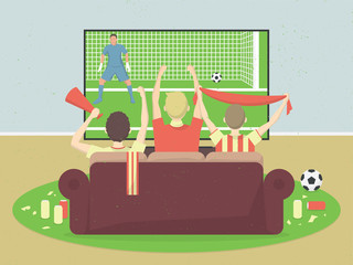 Soccer / Football Team Fans Watch TV With Game, Sitting On the Couch. Celebrating Goal Scored.