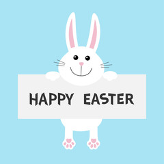 Happy Easter. White bunny rabbit hanging on paper board template. Paw print. Funny head face. Big ears. Cute cartoon character. Kawaii animal. Baby card. Pet collection. Flat design. Blue background