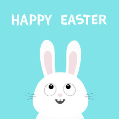Happy Easter. White bunny rabbit head face looking up. Picaboo. Flat design. Big ears. Cute kawaii funny cartoon character. Baby greeting card. Blue pastel color background.