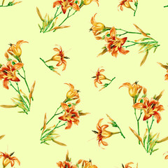 Seamless pattern of lilies painted in watercolor.