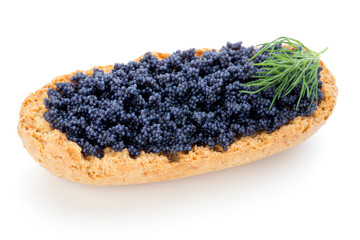 Canapes with black sturgeon caviar and  dill. Isolated on the white background.