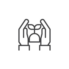 Human hands with soil and sprout outline icon. linear style sign for mobile concept and web design. Young plant with ground in hands simple line vector icon. Symbol, logo illustration