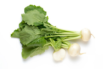 Fresh white round turnip radish on white background.