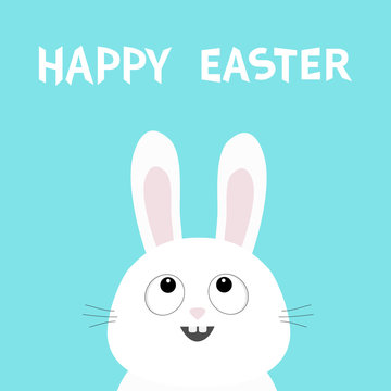 Happy Easter. White bunny rabbit head face looking up. Picaboo. Flat design. Big ears. Cute kawaii funny cartoon character. Baby greeting card. Blue pastel color background.