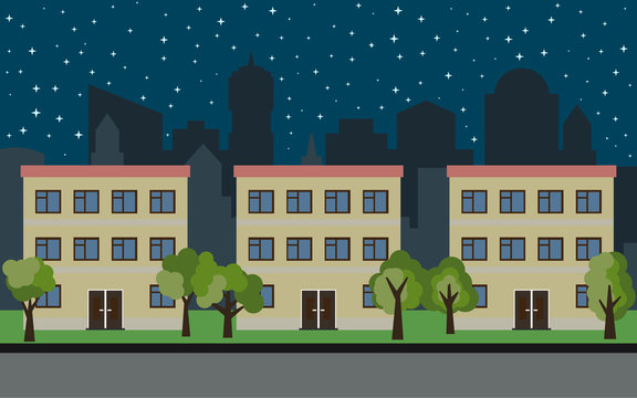 Vector city with three three-story cartoon houses and green trees at night. Summer urban landscape. Street view with cityscape on a background
