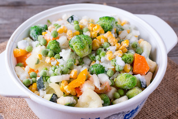 Mix of frozen vegetables in the pan