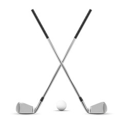 Two crossed golf clubs and ball