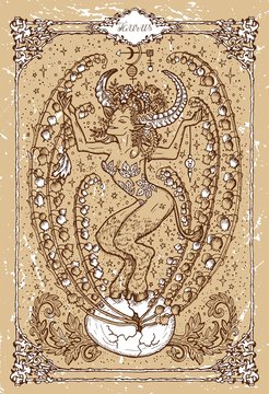 Vector Fantasy Zodiac sign Taurus or Bull in gothic frame on texture. Hand drawn engraved illustration