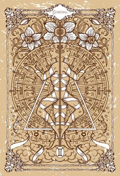 Vector Fantasy Zodiac sign Gemini or Twins in gothic frame on texture. Hand drawn engraved illustration
