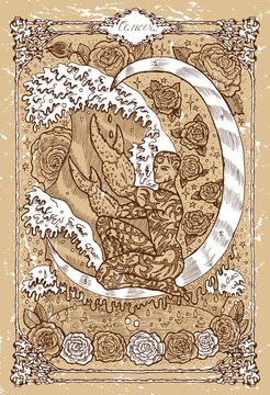 Vector Fantasy Zodiac sign Cancer in gothic frame on texture. Hand drawn engraved illustration 
