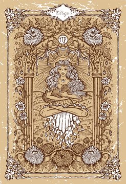 Vector Fantasy Zodiac sign Virgo in gothic frame on texture. Hand drawn engraved illustration
