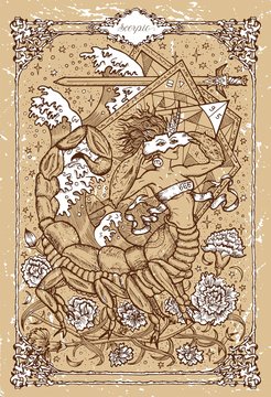 Vector Fantasy Zodiac sign Scorpion in gothic frame on texture. Hand drawn engraved illustration