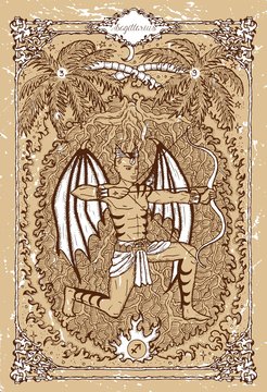 Vector Fantasy Zodiac sign Sagittarius or Archer in gothic frame on texture. Hand drawn engraved illustration