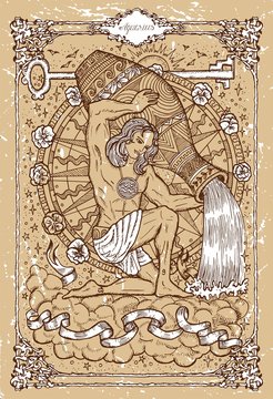 Vector Fantasy Zodiac sign Aquarius in gothic frame on texture. Hand drawn engraved illustration
