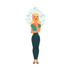 Vector flat young cute caucasian adult blonde woman in casual clothing. Beautiful character standing thoughtful pose holding chin thinking with questions above head. Isolated background illustration