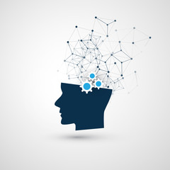 Machine Learning, Artificial Intelligence, Cloud Computing and Networks Design Concept with Network Mesh and Human Head