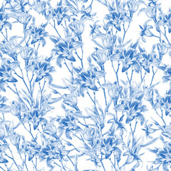 Seamless pattern of lilies painted in watercolor.