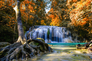 Erawan waterfall beautiful with in autumn of forest,Kanchanaburi Province, Thailand.