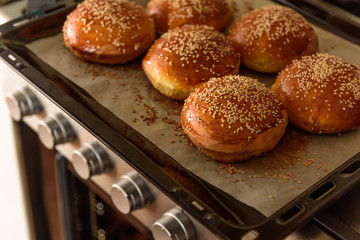 homemade burger rolls sprinkled with sesame seeds are baked in the oven